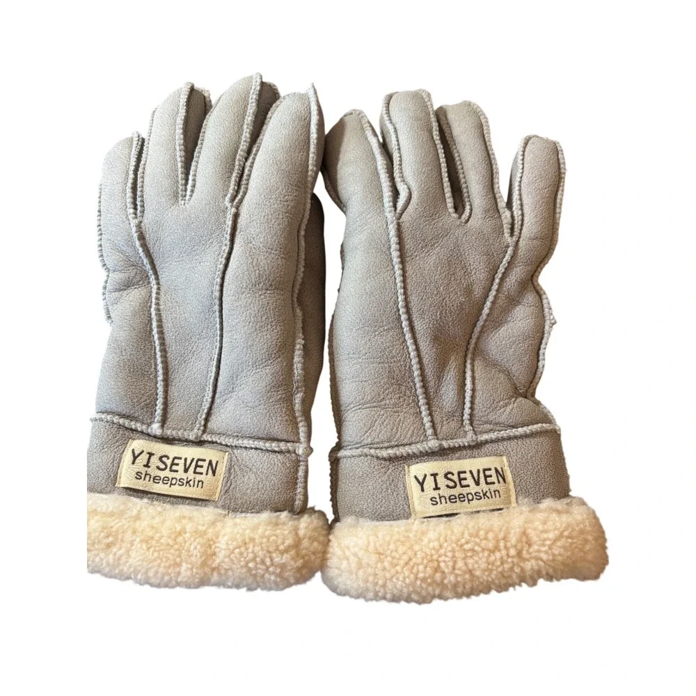 YISEVEN Sheepskin Gloves Womens Gray Genuine Leather Shearling Lined Winter Warm